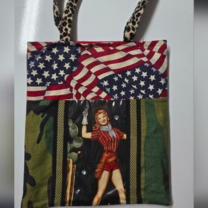 Vintage ATENTI Mini Tote Mixed Fabrics American Flag, Cowgirl Pinup Girl Camo